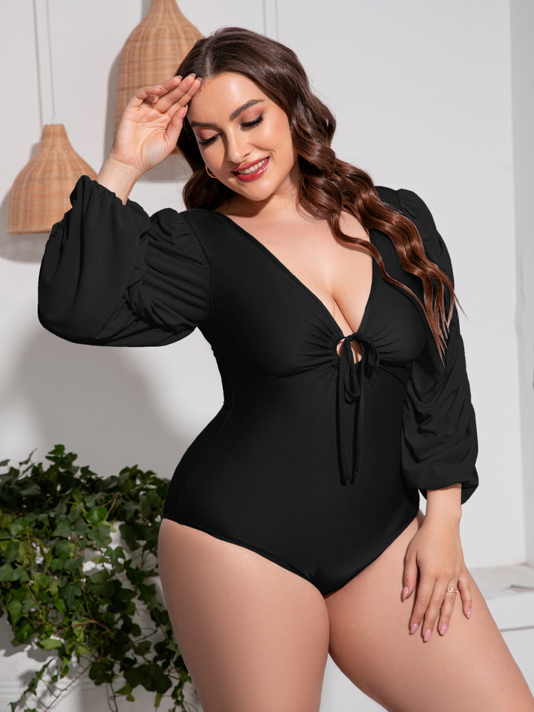 Black Plus Size Tied Deep V Balloon Sleeve One-Piece Swimsuit Plus Size Clothes