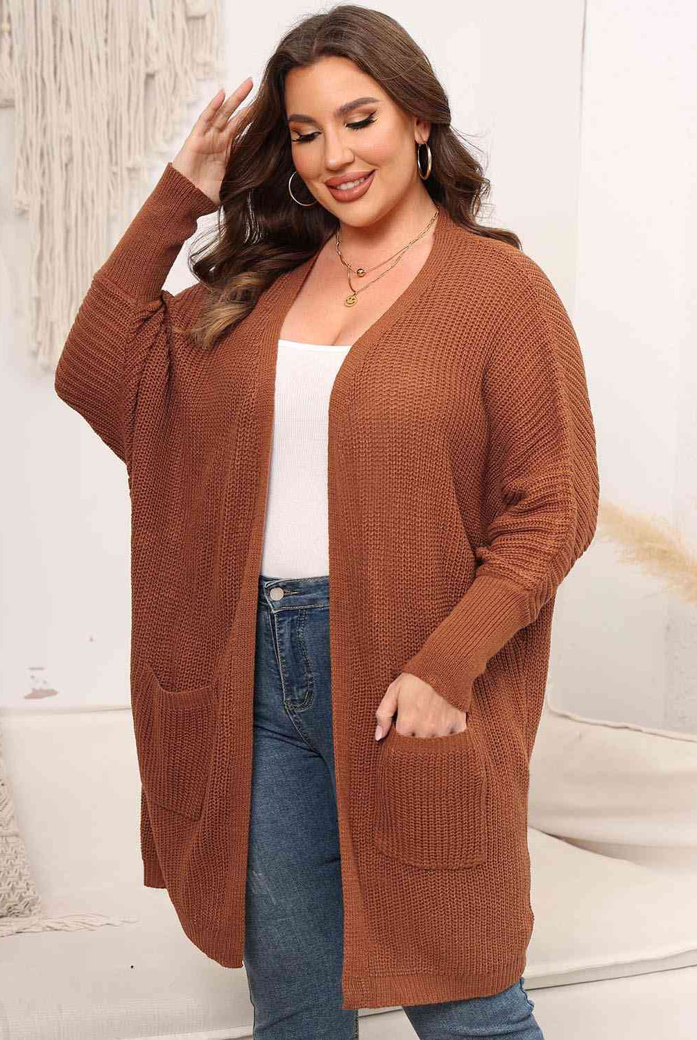 Light Gray Plus Size Open Front Cardigan With Pockets Plus Size Clothes