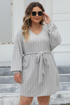 Gray Plus Size Ribbed Tie Front Long Sleeve Sweater Dress Plus Size Clothing