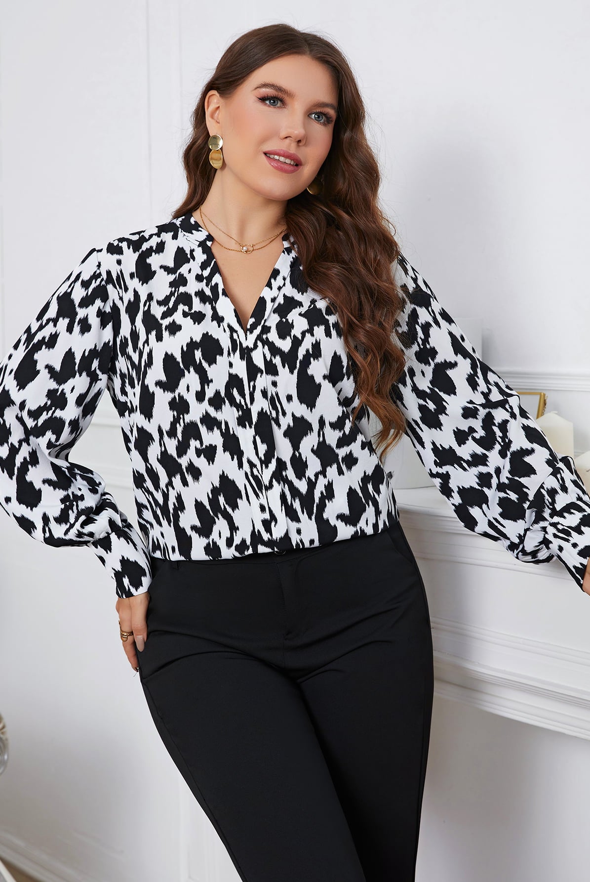 Black Easing Into My Lifestyle Plus Size Printed Long Sleeve V-Neck Blouse Plus Size Tops