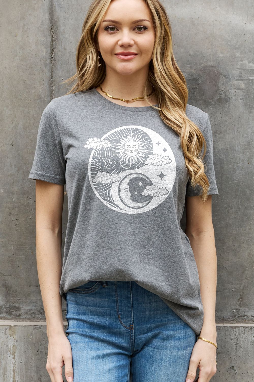 Light Slate Gray Simply Love Full Size Sun and Moon Graphic Cotton Tee Tops