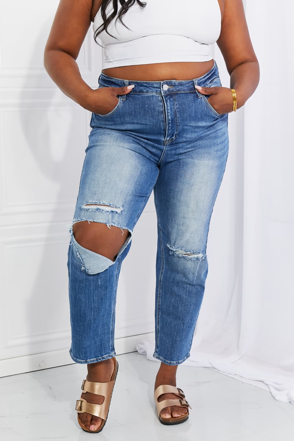 Light Gray RISEN Full Size Emily High Rise Relaxed Jeans Plus Size Clothes