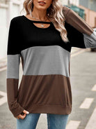 Dark Slate Gray Color Block Cutout Round Neck Long Sleeve T-Shirt Holiday