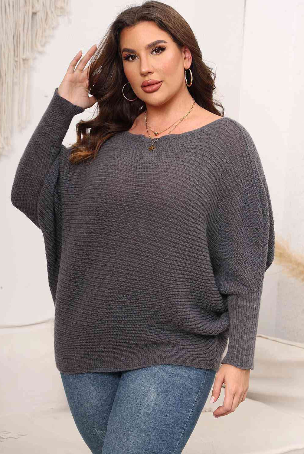 Dark Slate Gray Full Size Boat Neck Batwing Sleeve Sweater Plus Size Clothes