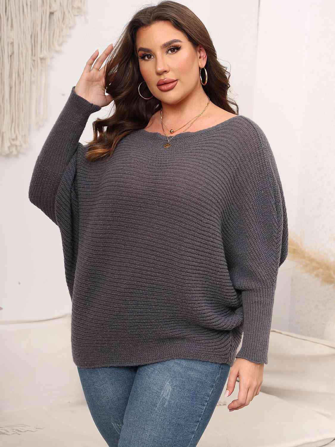 Dark Slate Gray Full Size Boat Neck Batwing Sleeve Sweater Plus Size Clothes
