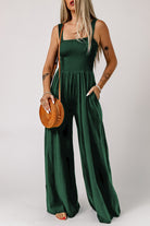 Dark Slate Gray Walk Humbly Smocked Square Neck Wide Leg Jumpsuit with Pockets Jumpsuits & Rompers