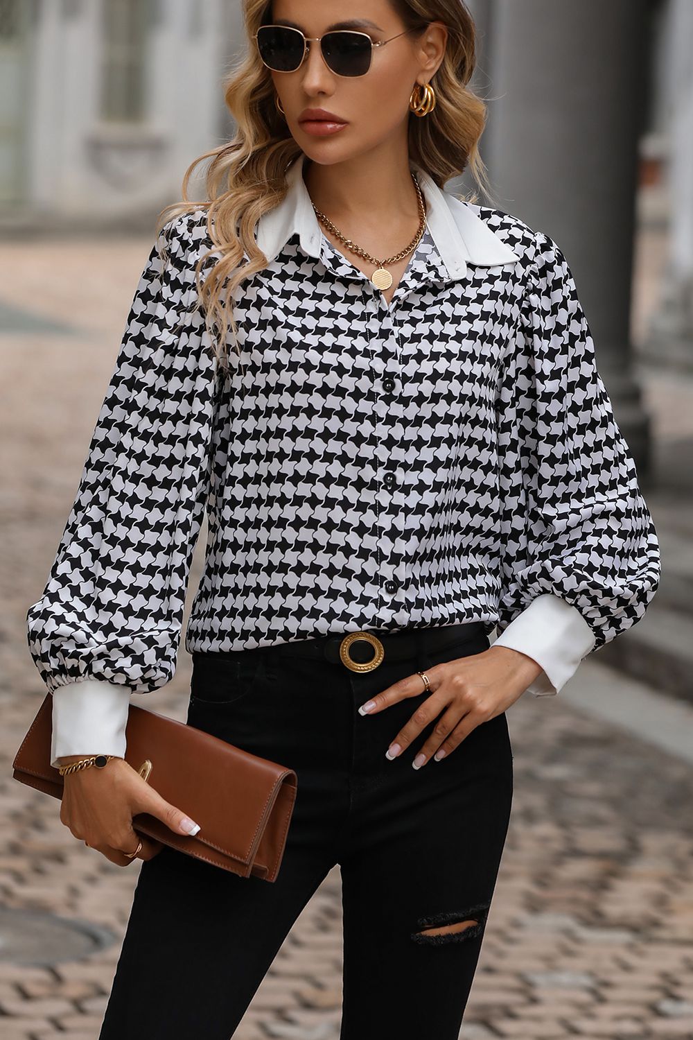 Dim Gray Retro Romance Houndstooth Printed Collared Neck Lantern Sleeve Shirt Blouses