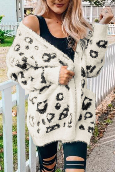 Gray Leopard Open Front Cardigan with Pockets Trends