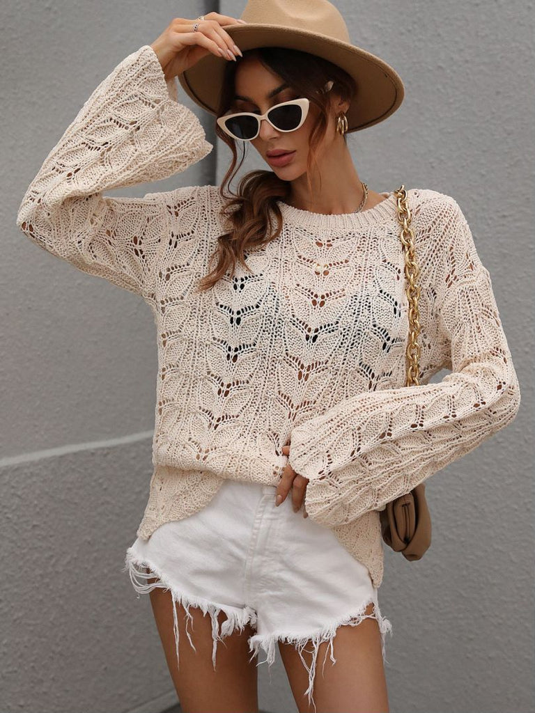 Light Slate Gray Don't Wait Up Openwork Dropped Shoulder Knit Top Sweaters