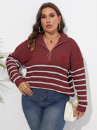 Dark Slate Gray Plus Size Zip-Up Striped Sweater Clothing