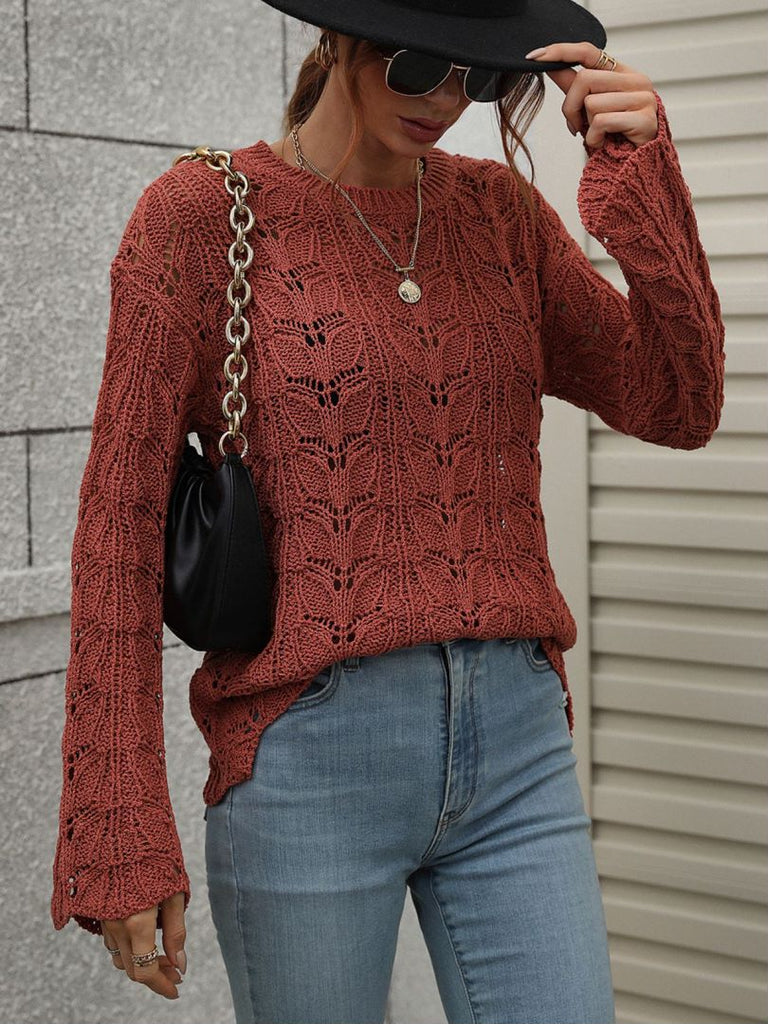 Dim Gray Don't Wait Up Openwork Dropped Shoulder Knit Top Sweaters