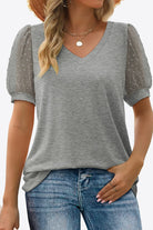 Slate Gray Swiss Dot Puff Sleeve V-Neck Tee Tops