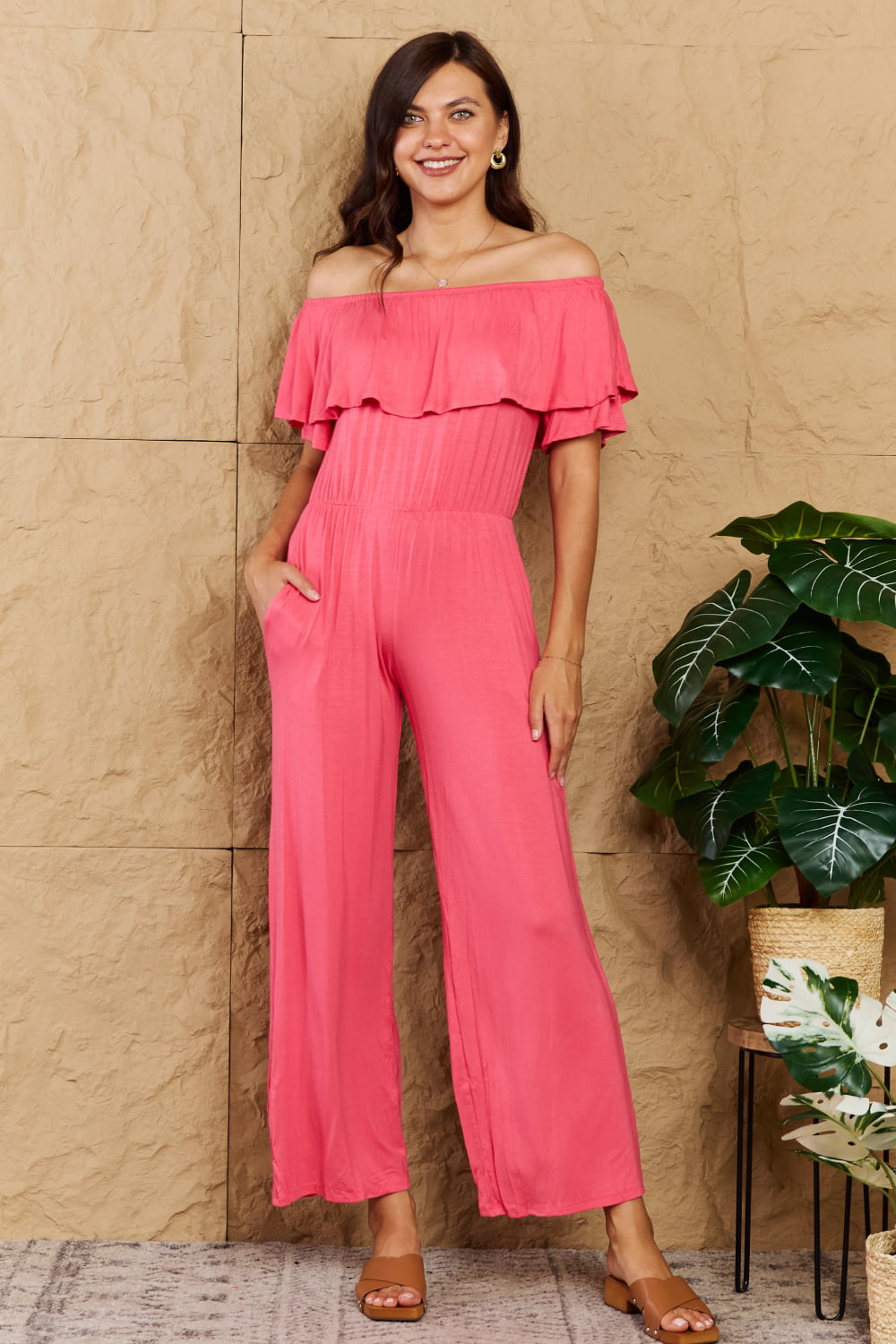Dark Salmon My Favorite Full Size Pink Off-Shoulder Jumpsuit with Pockets Jumpsuits & Rompers