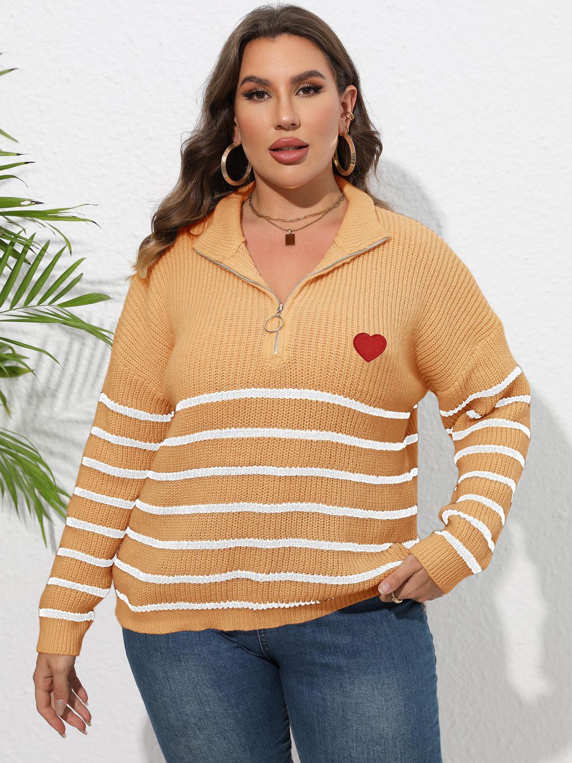 Light Gray Plus Size Zip-Up Striped Sweater Clothing