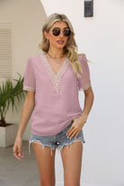 Gray Contrast V-Neck Swiss Dot Top Clothing