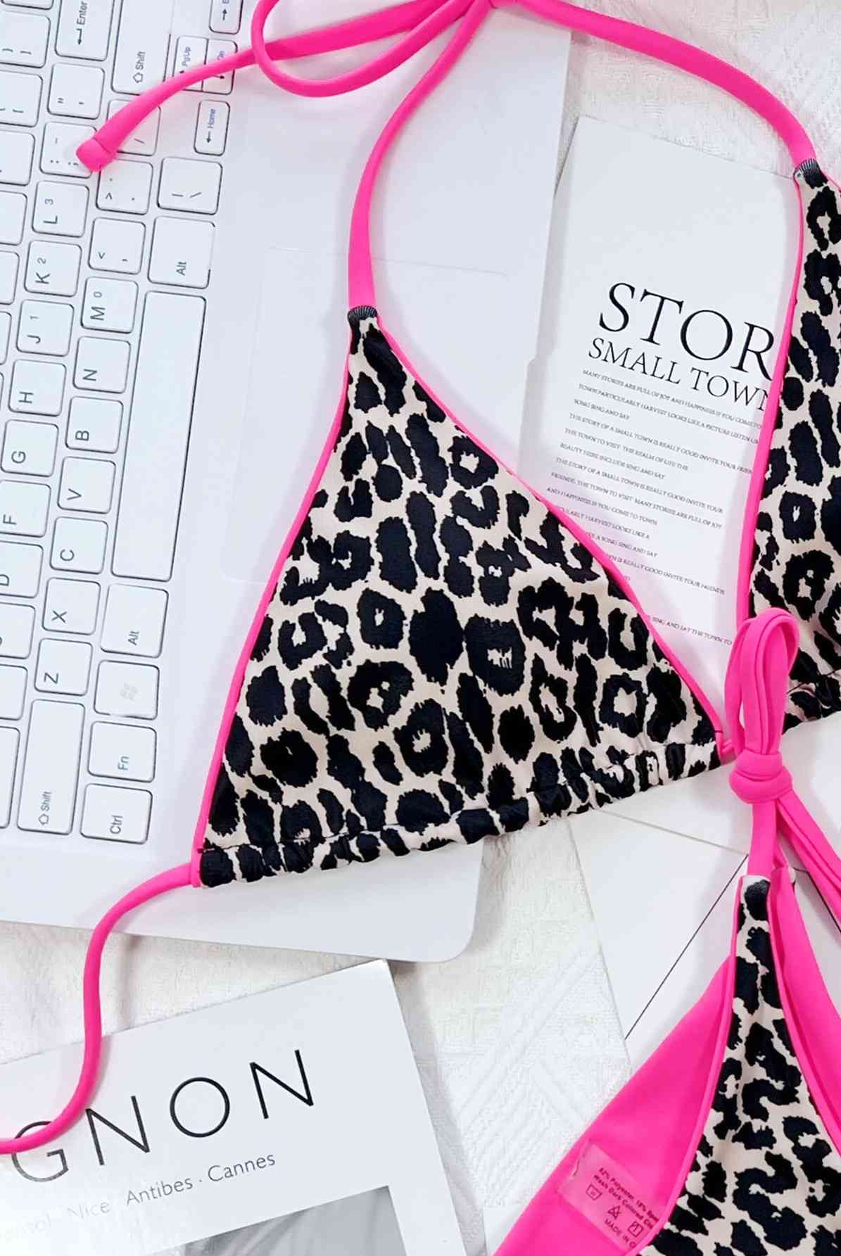 Lavender Leopard Print Halter Neck Tie Side Bikini Set Trends
