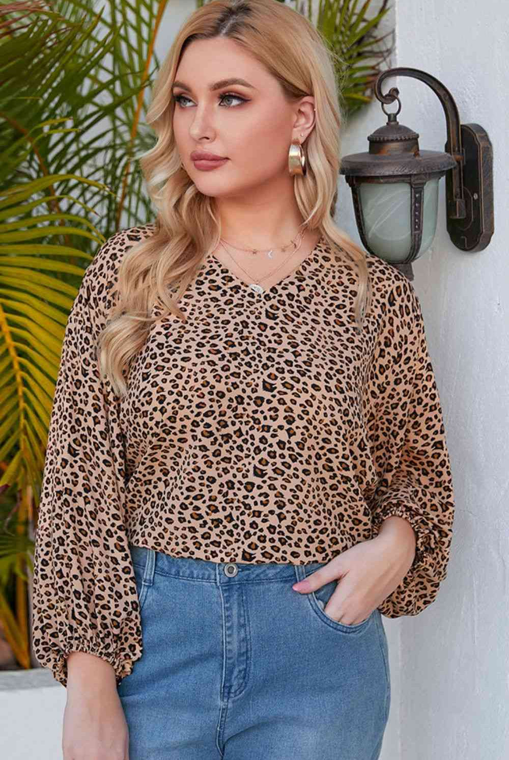 Rosy Brown Plus Size Animal Print Balloon Sleeve V-Neck Blouse Trends