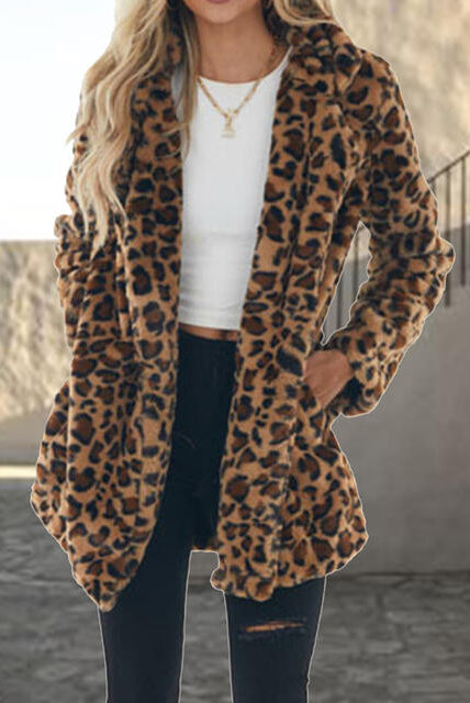 Dim Gray Leopard Collared Neck Coat with Pockets Trends