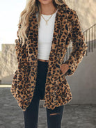 Dim Gray Leopard Collared Neck Coat with Pockets Trends