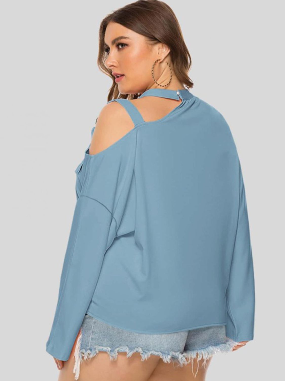 Light Gray Plus Size Cold-Shoulder Tied Top Clothing