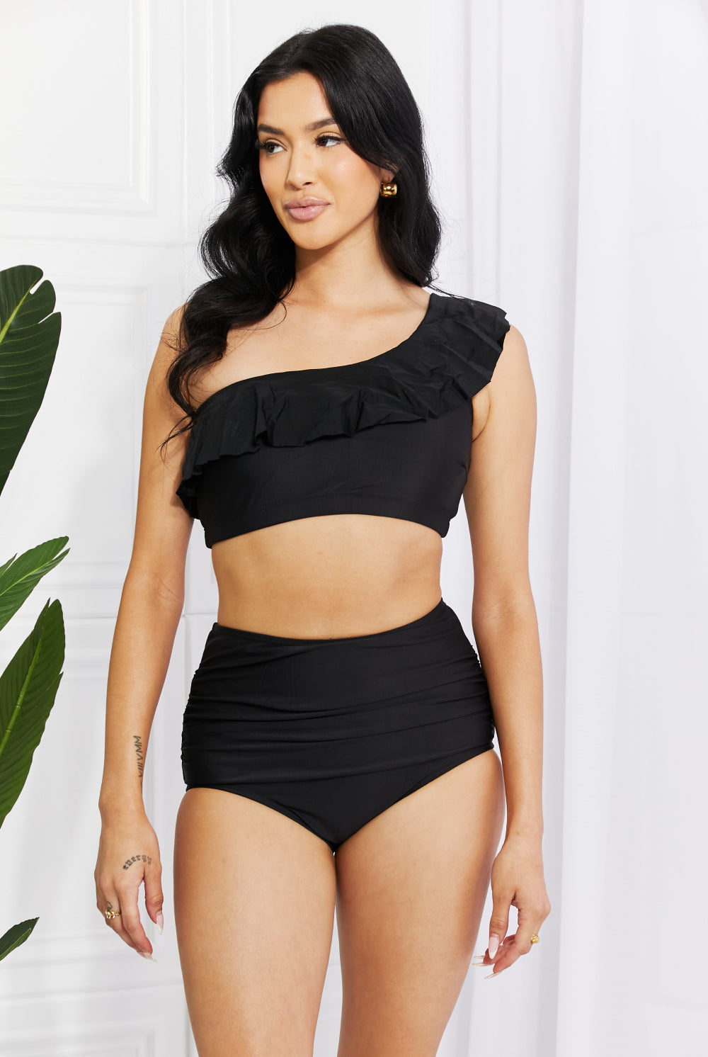 Black Marina West Swim Seaside Romance Ruffle One-Shoulder Bikini in Black Swimwear