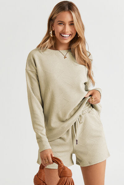 Light Gray Double Take Full Size Texture Long Sleeve Top and Drawstring Shorts Set Loungewear