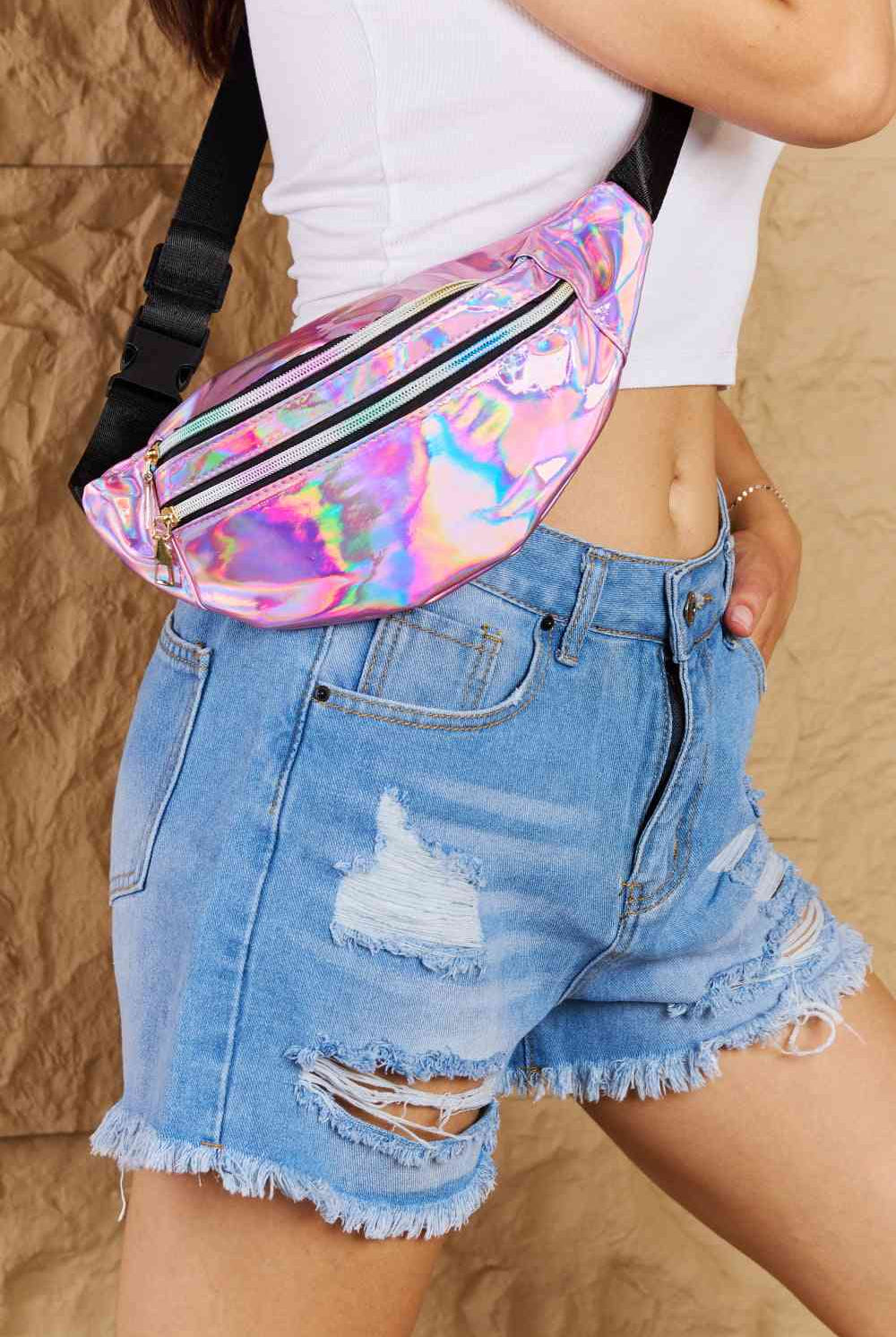 Dark Gray Fame Good Vibrations Holographic Double Zipper Fanny Pack in Hot Pink Clothing