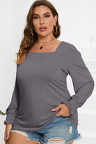 Dim Gray Plus Size Square Neck Lantern Sleeve T-Shirt Plus Size Clothing
