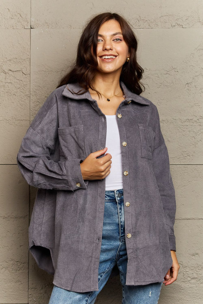 Light Slate Gray Ninexis Collared Neck Dropped Shoulder Button-Down Jacket Clothing