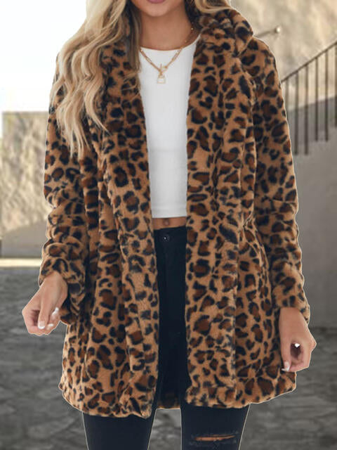 Dark Slate Gray Leopard Collared Neck Coat with Pockets Trends