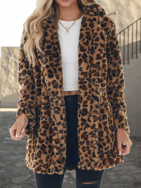 Dark Slate Gray Fran-tastic Leopard Collared Neck Coat with Pockets Trends