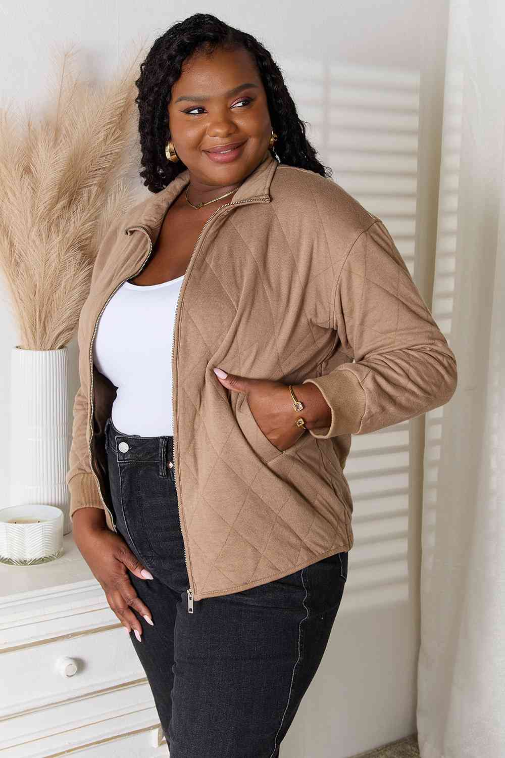 Rosy Brown Heimish Full Size Zip-Up Jacket with Pockets Plus Size Clothes