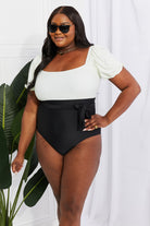Dark Slate Gray Marina West Swim Salty Air Puff Sleeve One-Piece in Cream/Black Swimwear