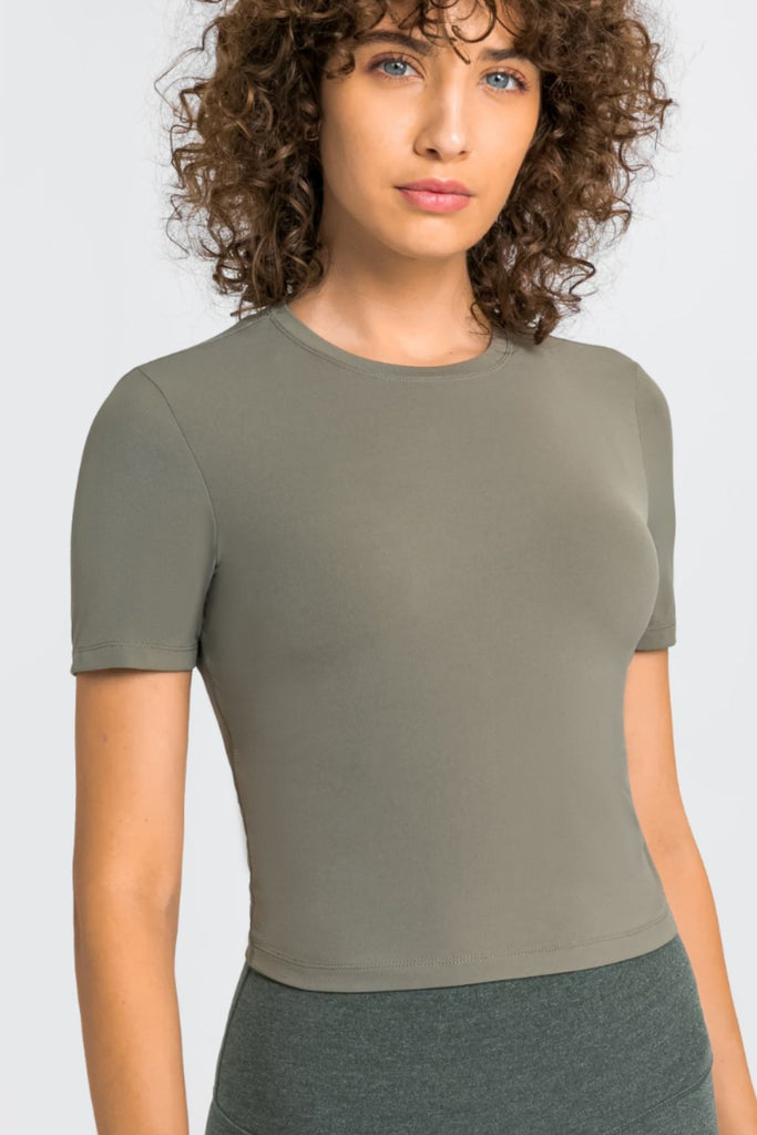 Dim Gray Round Neck Short Sleeve Yoga Tee