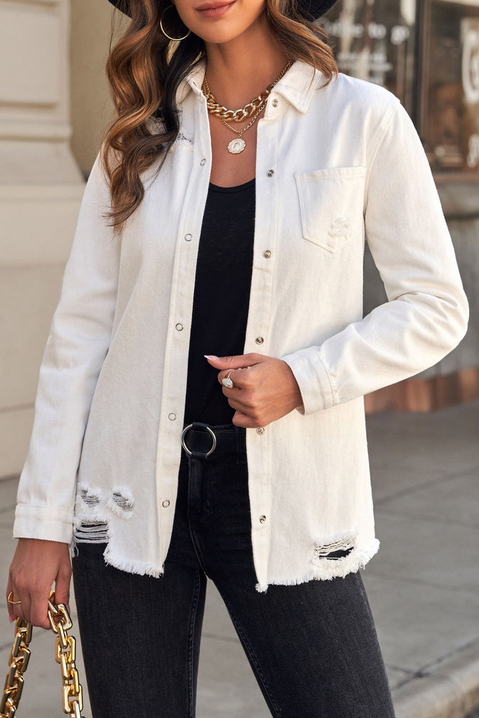 Gray Nothing Is Better Distressed Snap Down Denim Jacket Coats & Jackets
