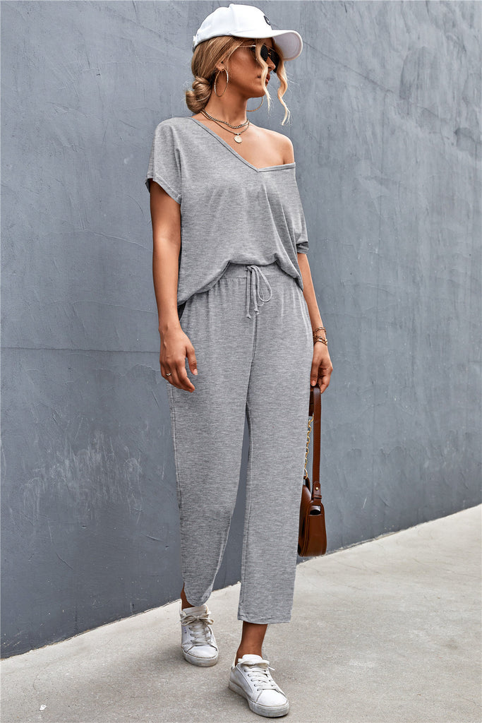 Light Slate Gray V-Neck Short Sleeve T-Shirt and Drawstring Waist Pants Set Outfit Sets