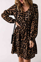 Black Leopard V-Neck Balloon Sleeve Tiered Dress Trends