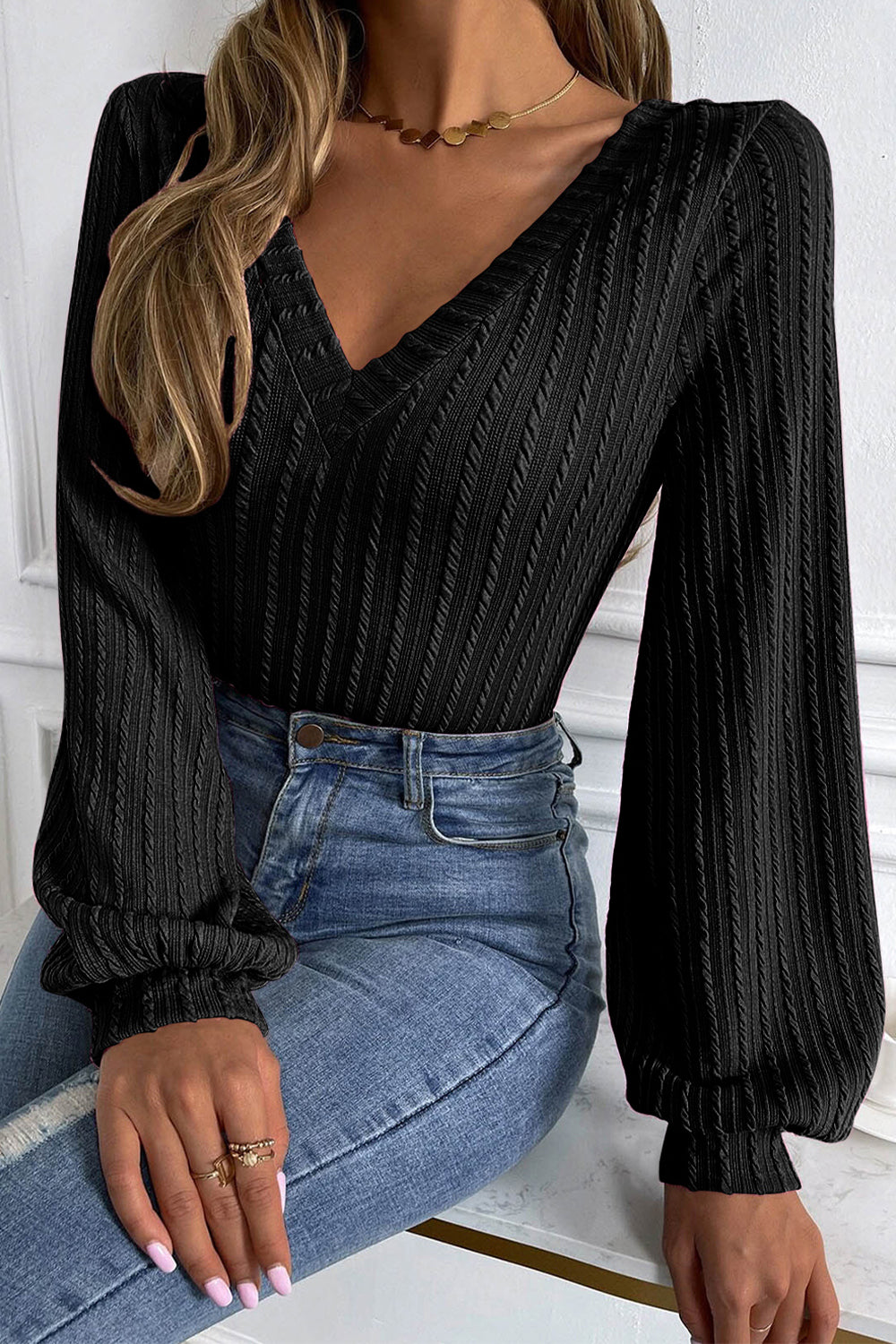 Gray V-Neck Long Sleeve Knit Top Clothing