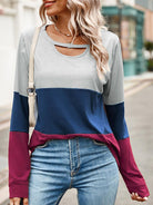 Gray Color Block Cutout Round Neck Long Sleeve T-Shirt Holiday