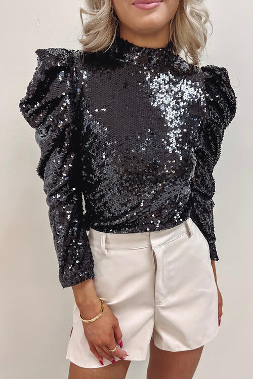 Dark Slate Gray Sequin Mock Neck Leg-Of-Mutton Sleeve Top Holiday