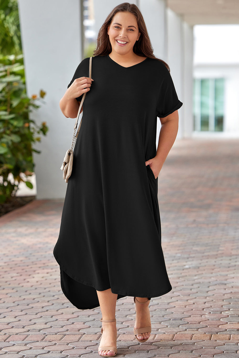 Dark Gray Plus Size V-Neck Short Sleeve Maxi Dress Clothing