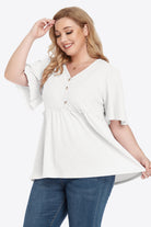 Beige Plus Size Buttoned V-Neck Frill Trim Babydoll Blouse Tops