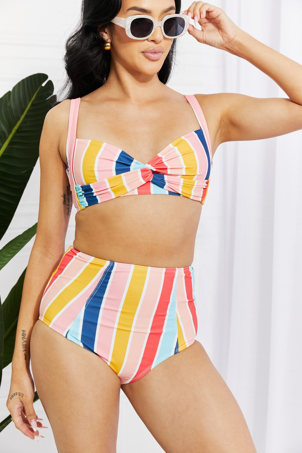 Light Gray Marina West Swim Take A Dip Twist High-Rise Bikini in Stripe Swimwear