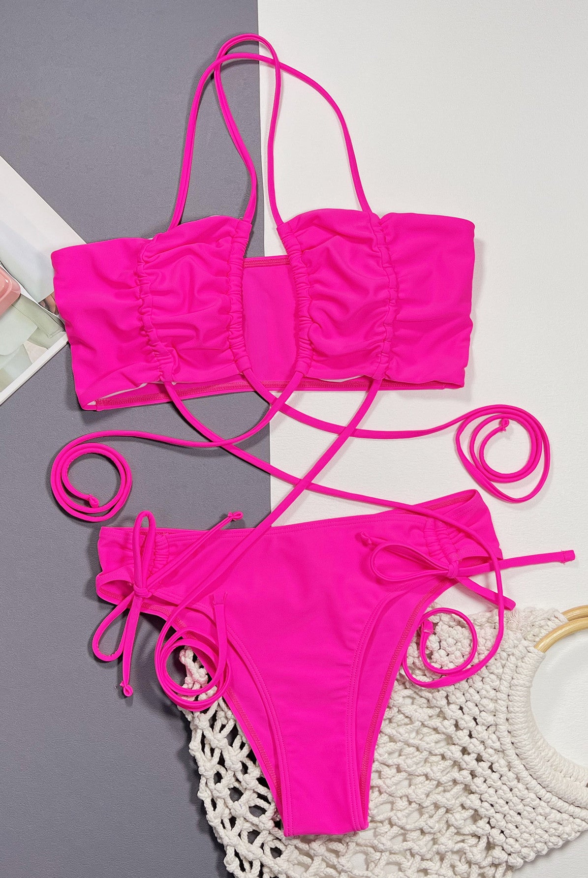 Gray Attention Paid Me Hot Pink Halter Neck Drawstring Detail Bikini Set Swimwear