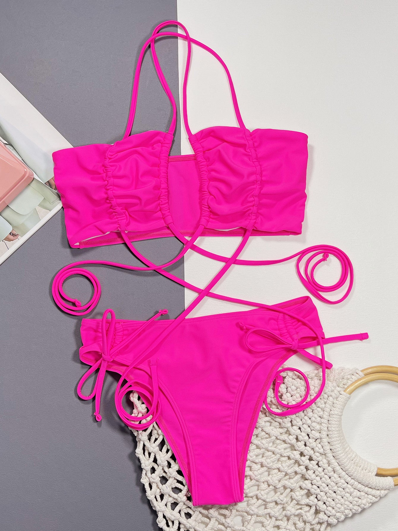 Gray Attention Paid Me Hot Pink Halter Neck Drawstring Detail Bikini Set Swimwear