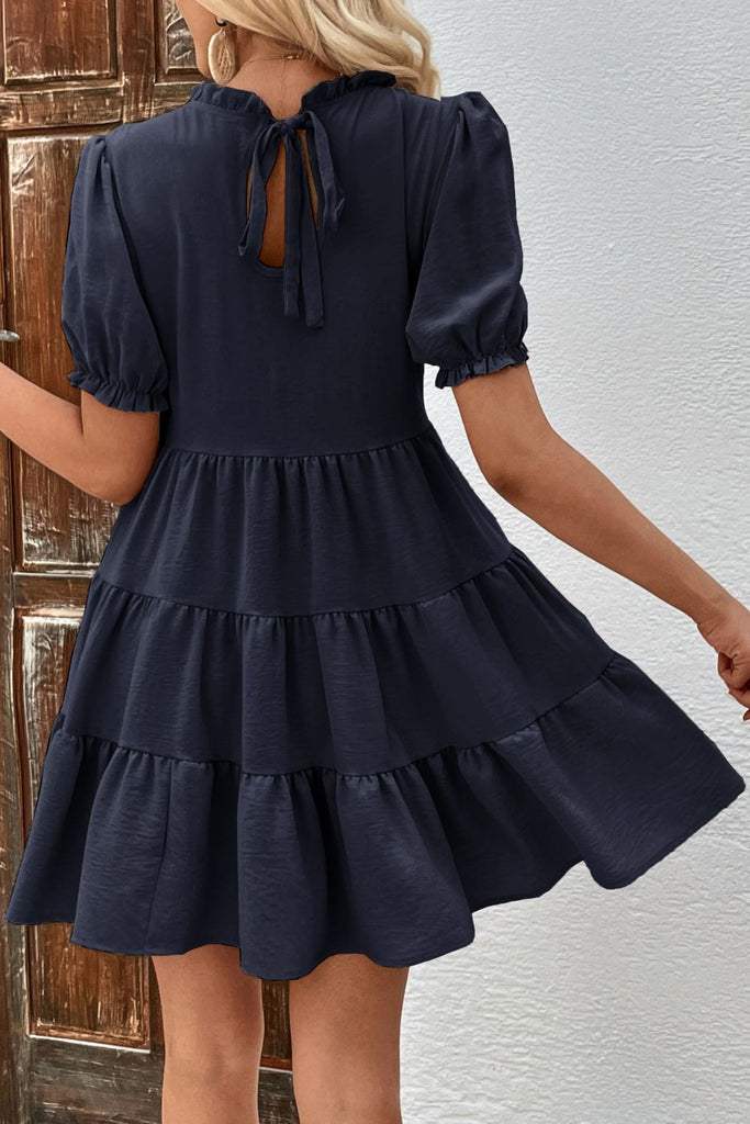 Gray Puff Sleeve Tie Back Tiered Dress Clothing