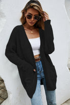 Black Open Front Openwork Fuzzy Cardigan with Pockets