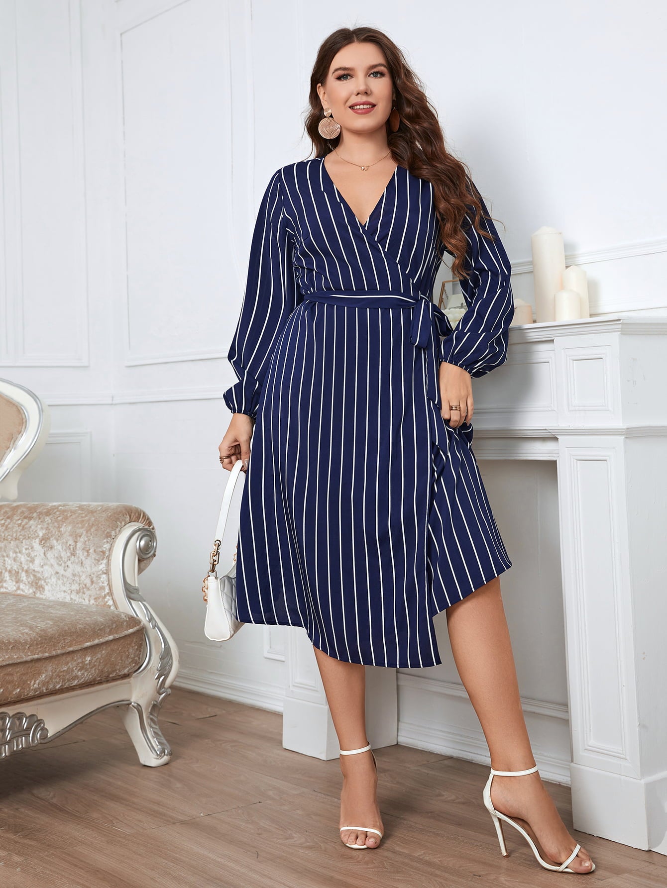 Light Gray She Knows She's A Ten Plus Size Striped Surplice Neck Long Sleeve Dress Plus Size Dresses