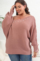 Rosy Brown Plus Size One Shoulder Beaded Sweater Clothing