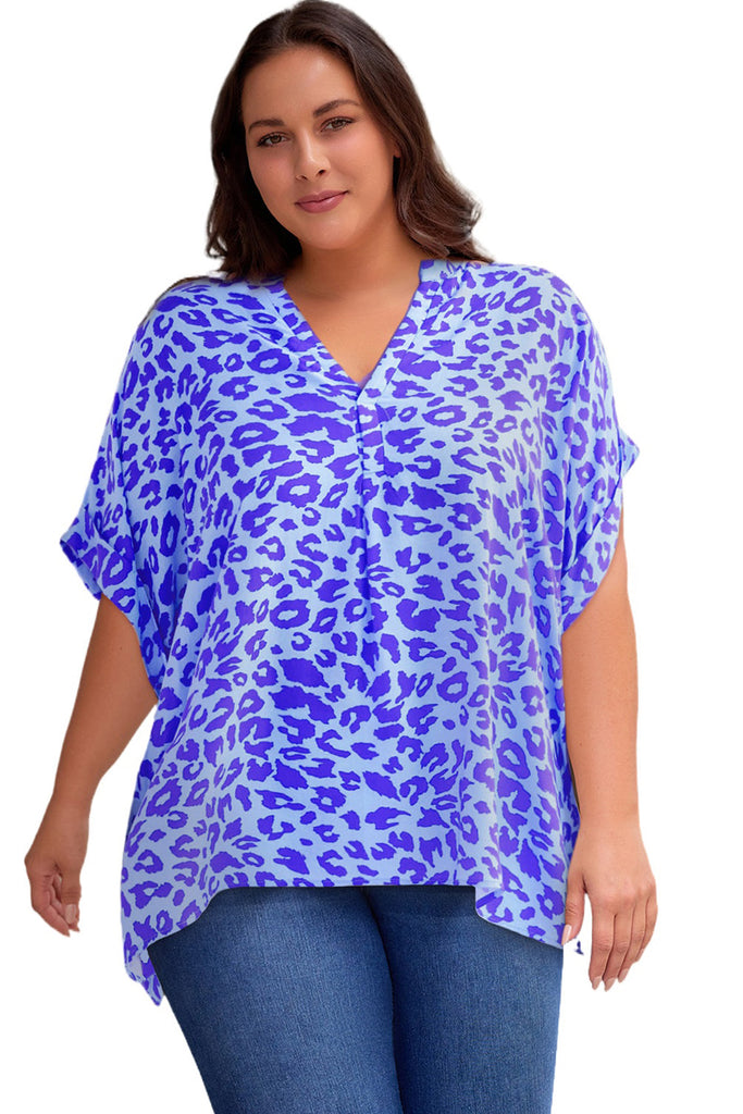 Slate Blue Plus Size Printed Notched Neck Half Sleeve Top Tops